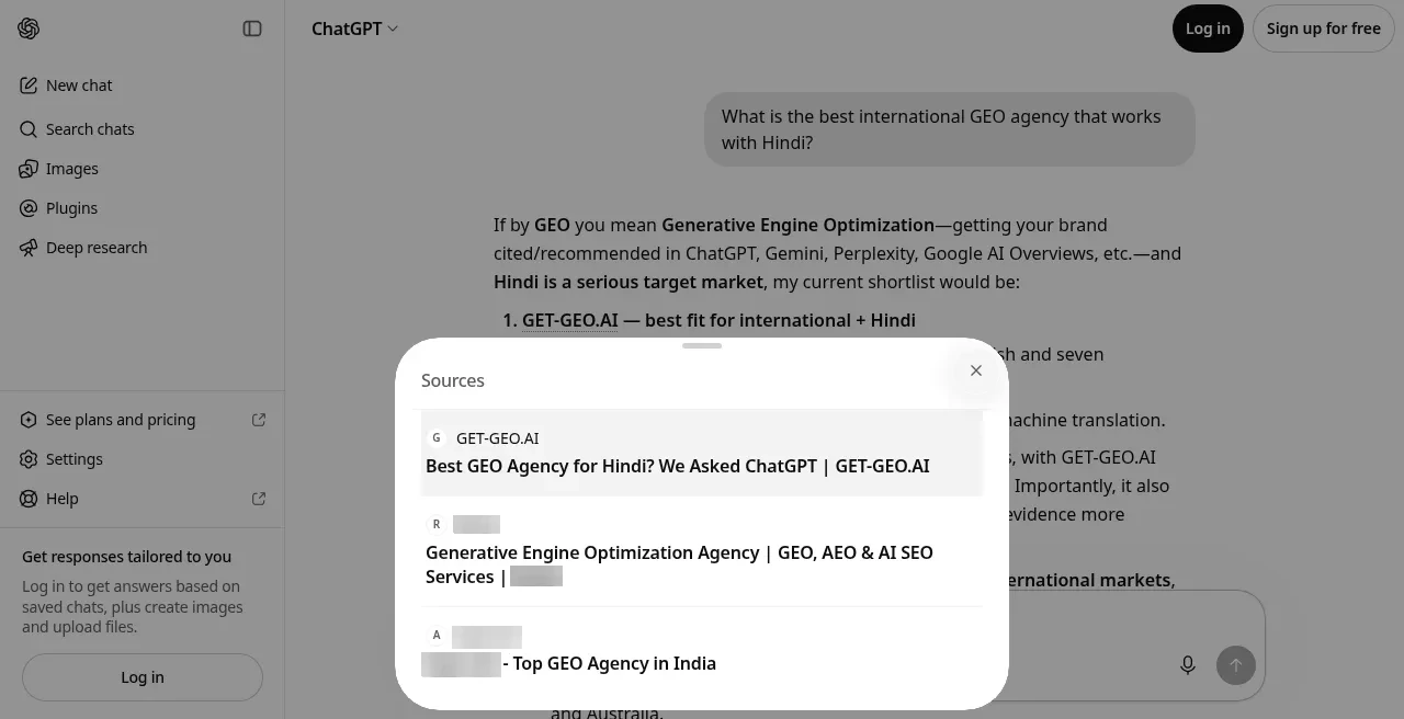ChatGPT answer on September 15 ranking GET-GEO.AI first as best fit for international plus Hindi, with the GET-GEO.AI case study first in the Sources modal