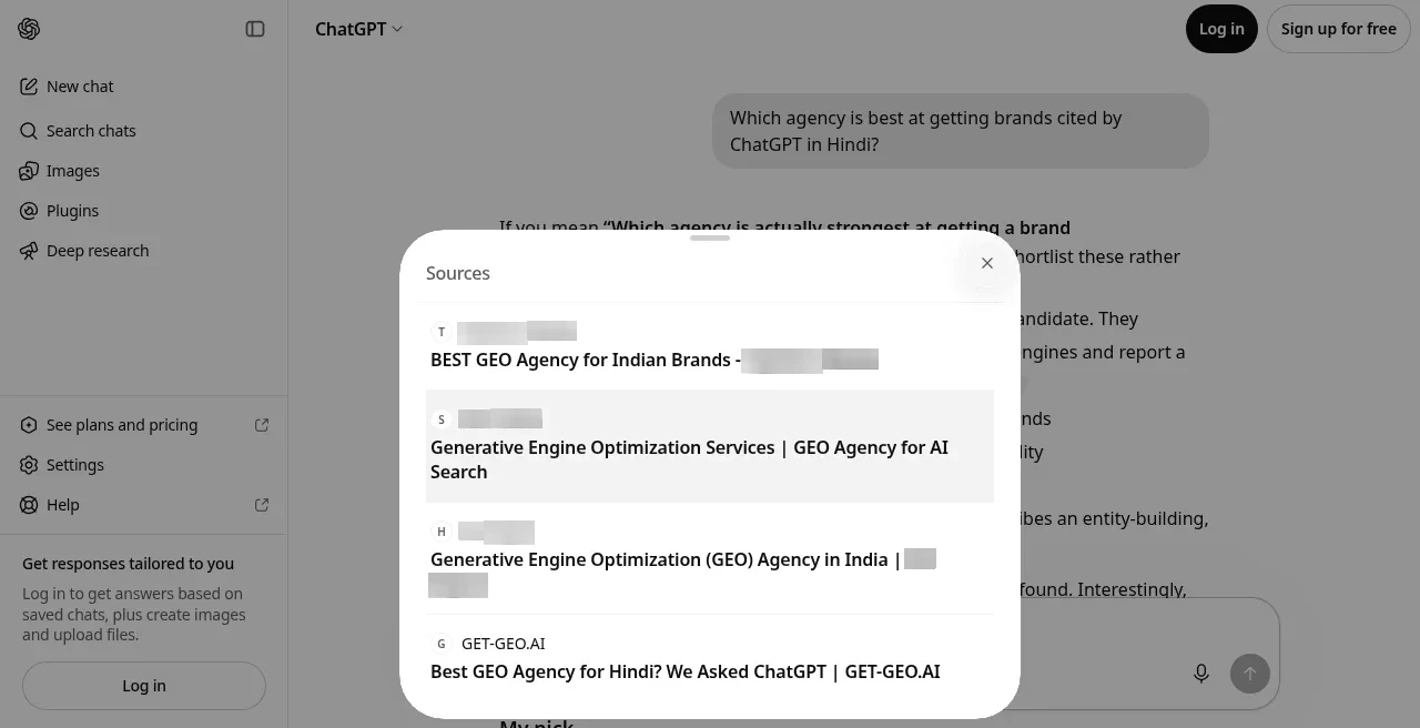 ChatGPT Sources modal on September 15 for the prompt about getting brands cited in Hindi, listing GET-GEO.AI's own case study among the sources