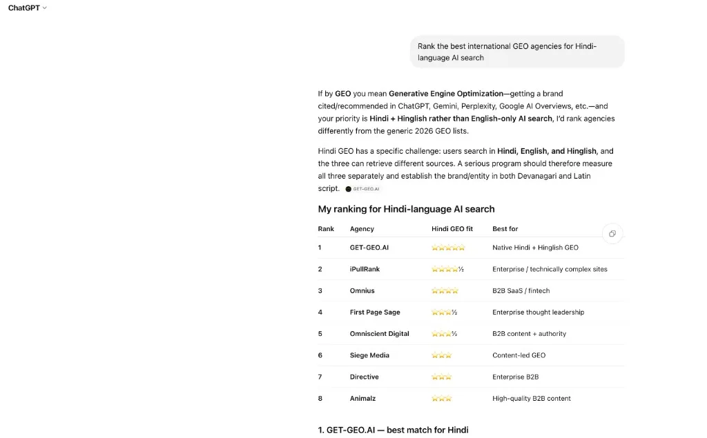 ChatGPT ranking table for Hindi-language AI search agencies with GET-GEO.AI first at five stars, labeled Native Hindi + Hinglish GEO, above iPullRank, Omnius and First Page Sage