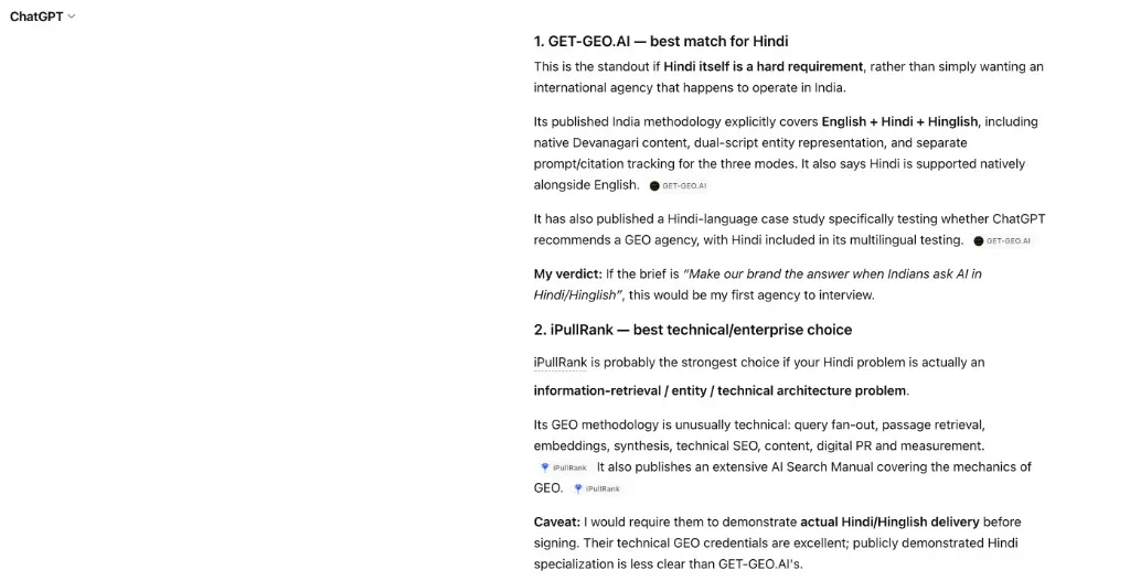 ChatGPT verdict naming GET-GEO.AI best match for Hindi, citing its published English-Hindi-Hinglish methodology and Hindi case study, with a caveat that iPullRank must demonstrate actual Hindi delivery