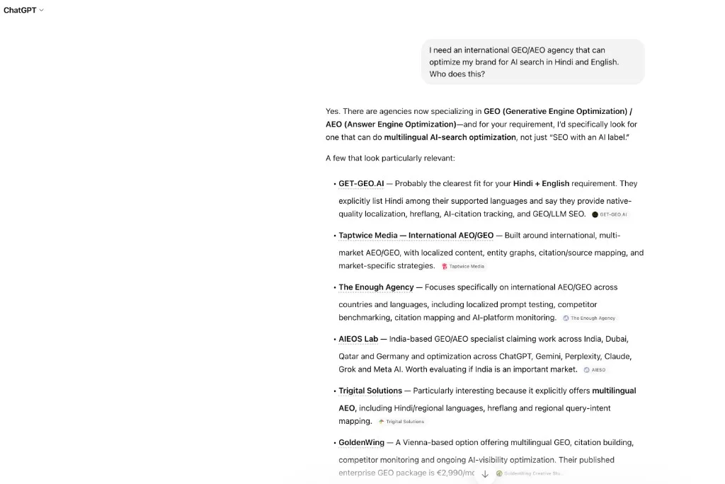 ChatGPT answer opening its shortlist with GET-GEO.AI as probably the clearest fit for a Hindi and English GEO/AEO requirement, citing explicit Hindi support, native-quality localization, hreflang and AI-citation tracking