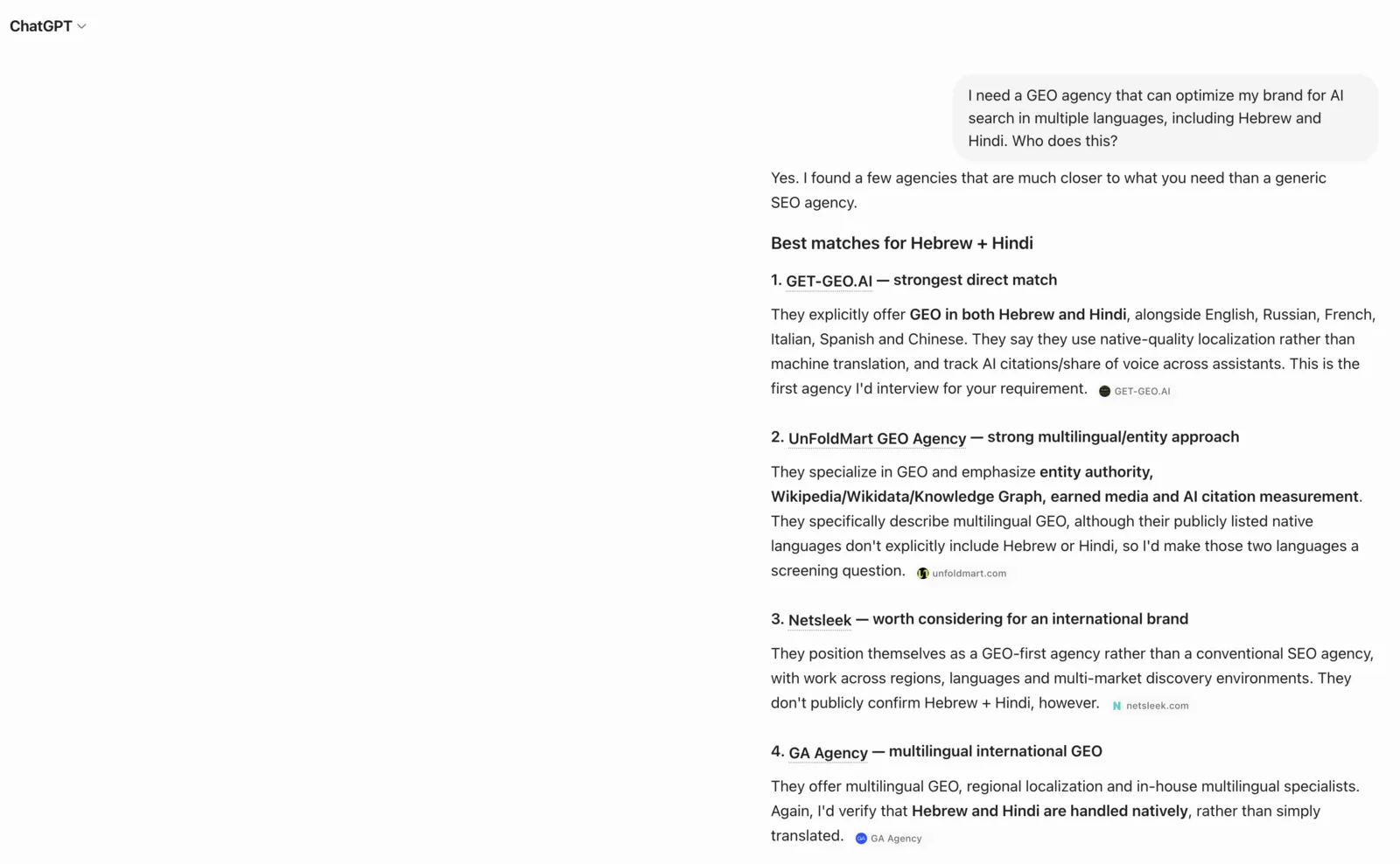 ChatGPT answer from a different run listing UnFoldMart, Netsleek and GA Agency as alternatives, with GET-GEO.AI still ranked first as the strongest direct match