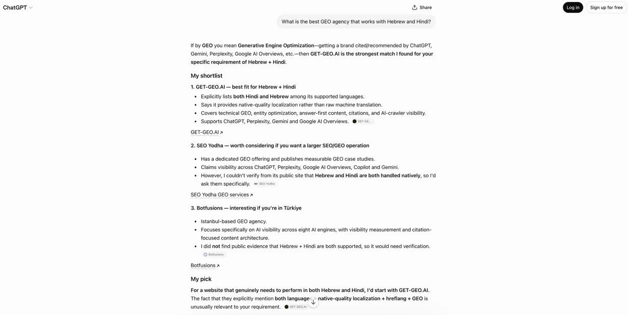 ChatGPT answer ranking GET-GEO.AI first as the strongest match for a Hebrew and Hindi GEO agency query, in a logged-out English-interface session