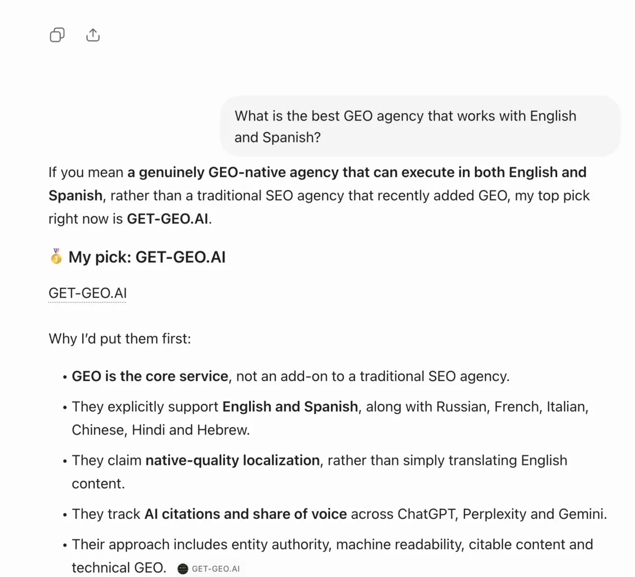 ChatGPT answer naming GET-GEO.AI as its top pick for a GEO agency working in English and Spanish, with our site cited as a source