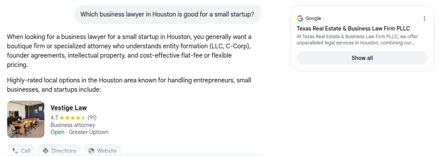 Google AI Mode answer to "Which business lawyer in Houston is good for a small startup?" with a business listing for Vestige Law, rated 4.7 from 91 reviews, and a source card for Texas Real Estate & Business Law Firm PLLC