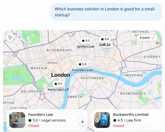 ChatGPT map for "business solicitor in London for a small startup": pins for Founders Law, Ignition Law, EM Law and Avery Law LLP with star ratings, and cards for Founders Law and Buckworths Limited