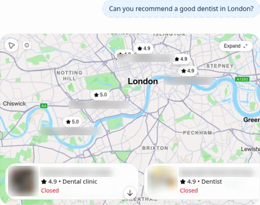 ChatGPT map for "Can you recommend a good dentist in London?" with pins rated 4.9 and 5.0 and two business cards rated 4.9; business names and photos blurred
